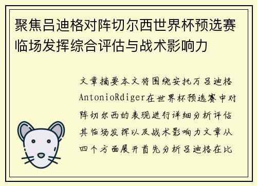 聚焦吕迪格对阵切尔西世界杯预选赛临场发挥综合评估与战术影响力